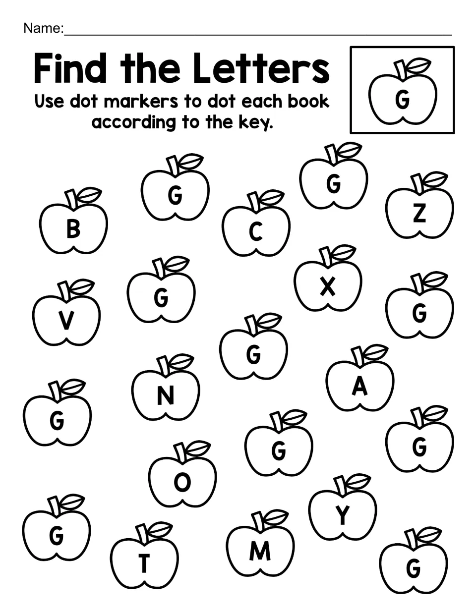 Letter G search: students dot the G apples to match the key, distinguishing G from look-alike C and O plus B, N, M