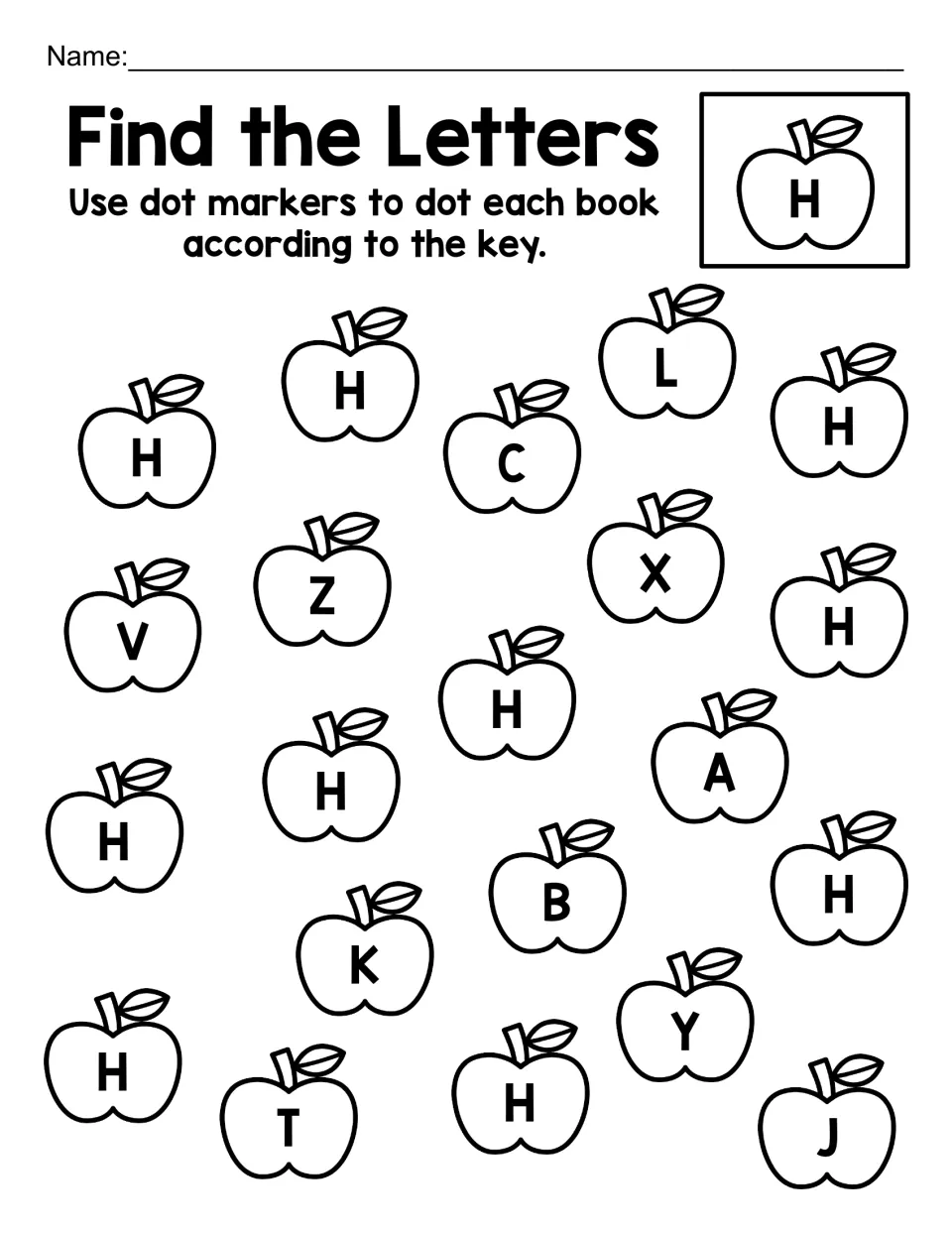 Uppercase H hunt: children dot every H apple per the key and pass over L, C, Z, X, K, A, B and J distractors