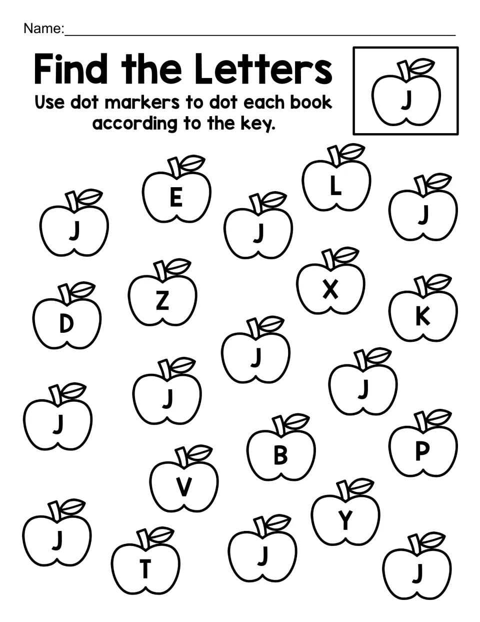 Letter J search: students dab dot markers on each J apple from the key, skipping E, L, Z, D, X, V and P apples