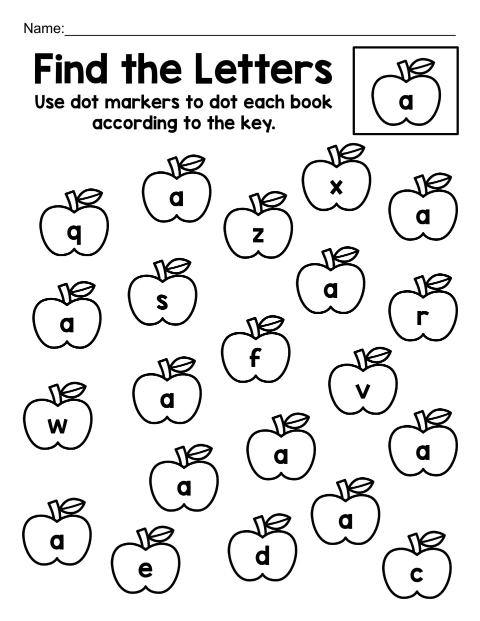 Find the Letters, lowercase a: students dot every apple showing a, passing over q, z, x, s and other letter apples