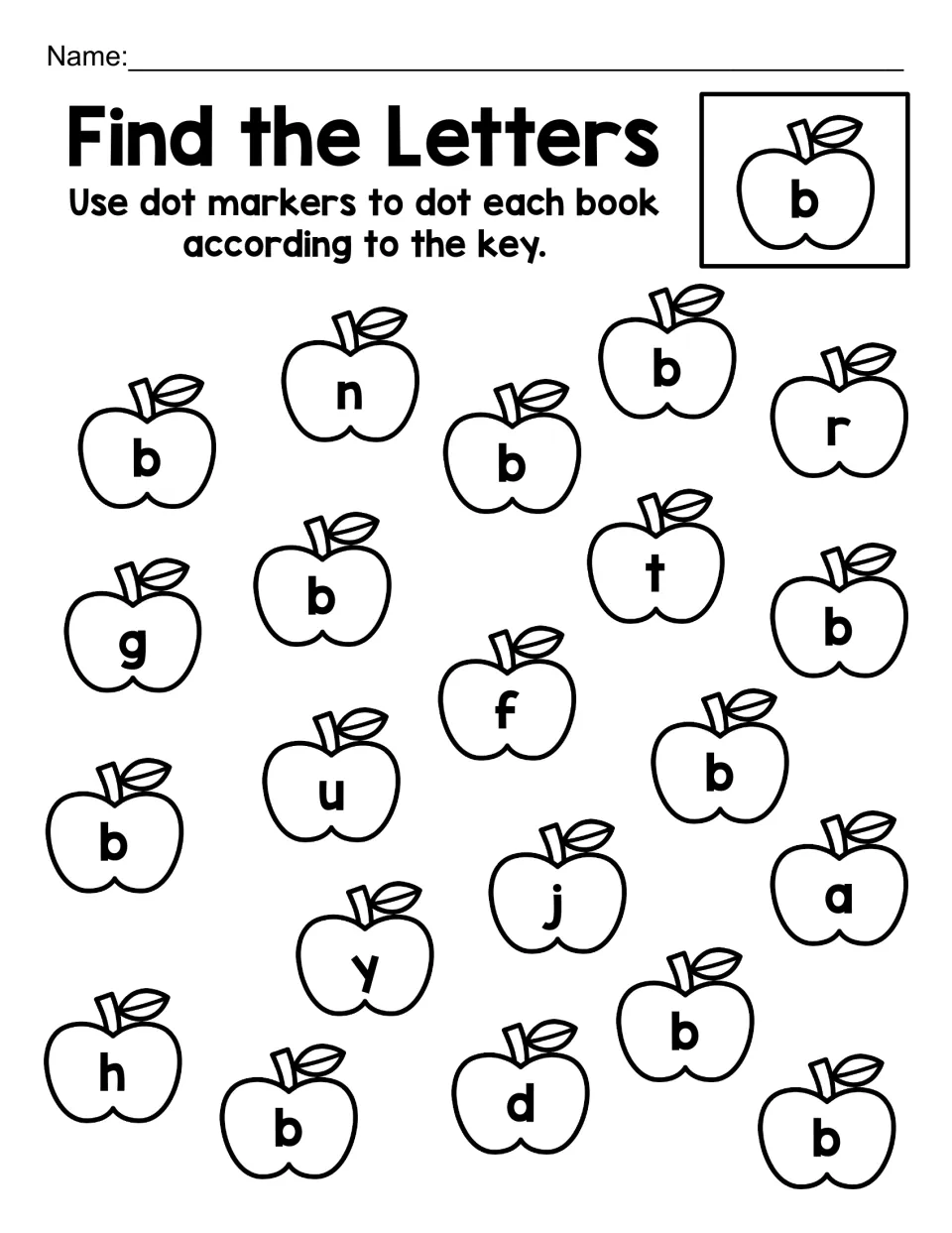 Find the Letters, lowercase b: children dot each b apple and skip look-alike distractors such as d, h, n and g