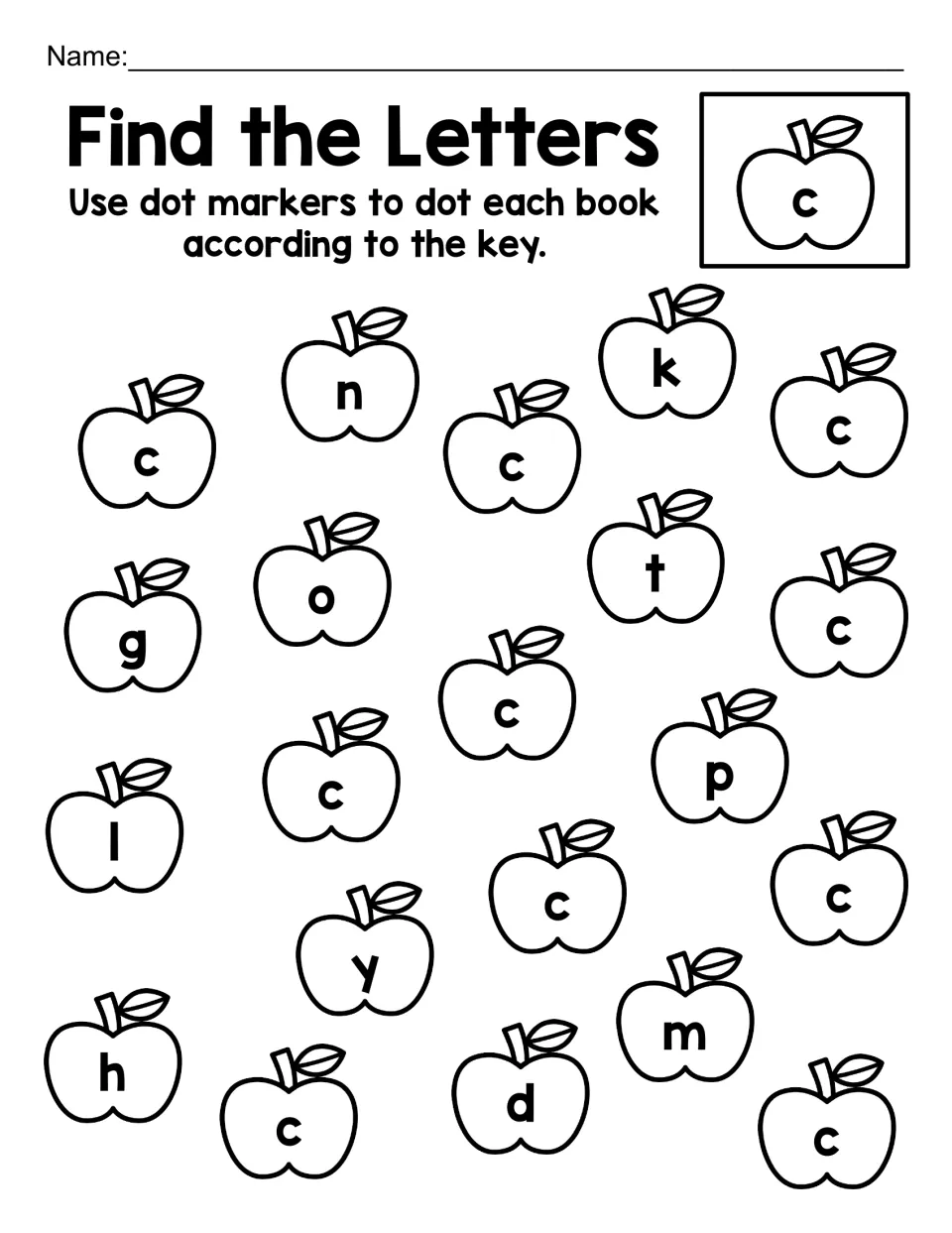 Lowercase c letter hunt: students use dot markers on the apples marked c while leaving o, k, n and t apples blank