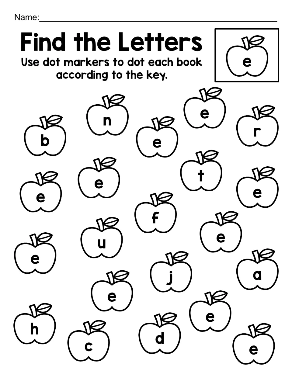 Lowercase e letter search: students dot every e apple, skipping apples printed with b, c, h, j and other letters