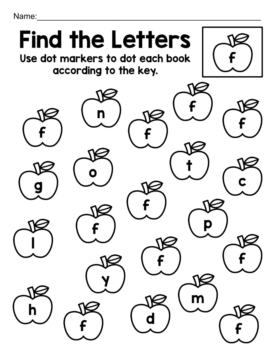 Find the Letters, lowercase f: children use dot markers on the f apples and leave apples showing t, l, p and m alone