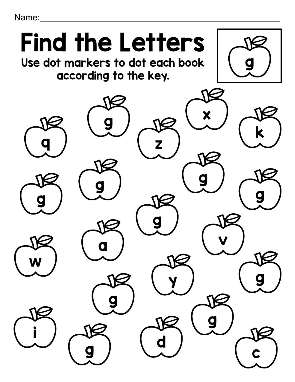 Lowercase g hunt: learners dot each apple labeled g and pass over q, y, a, k and other letter apples on the page