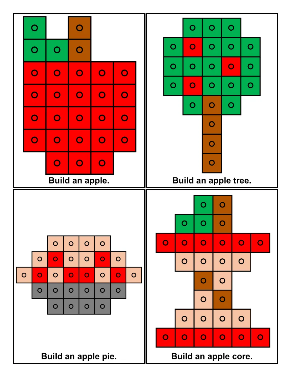 Apple cube mats: students copy colored cube patterns to build an apple, an apple tree, an apple pie and an apple core