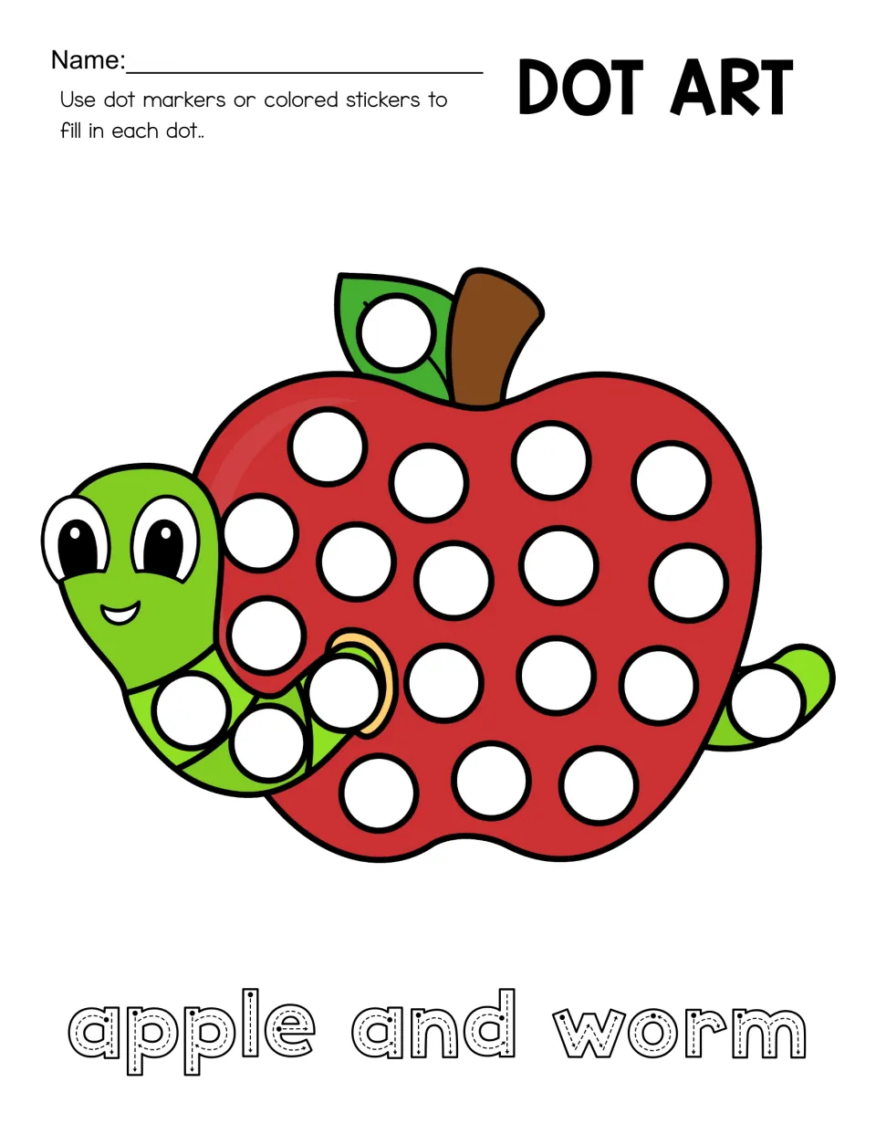 Dot art worksheet featuring a red apple and green worm, circles to fill, and 'apple and worm' to trace