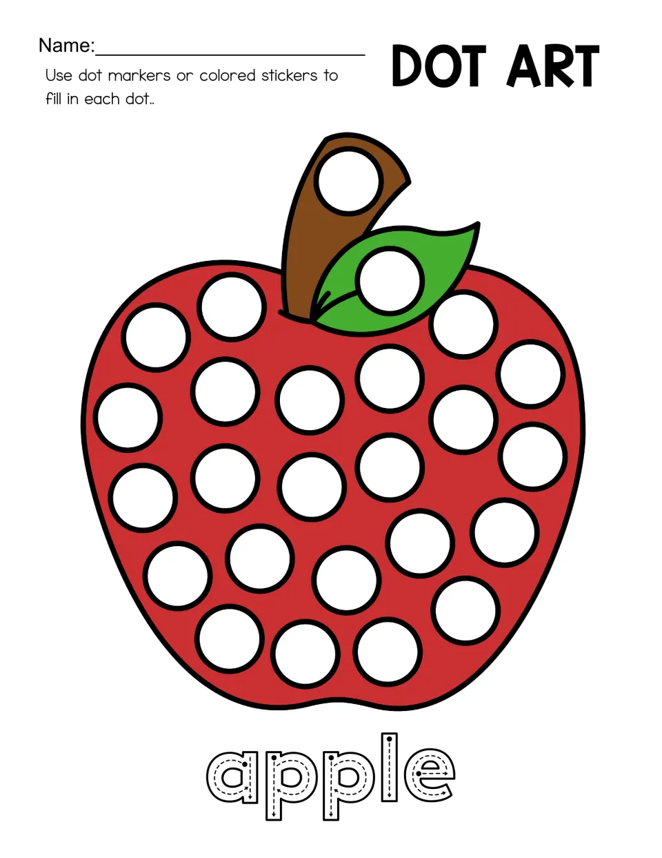 Dot art worksheet featuring a whole red apple, circles in the fruit, stem, and leaf, and 'apple' to trace