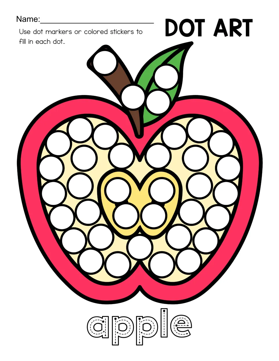 Dot art worksheet featuring an apple cut in half, circles across its interior, and 'apple' to trace
