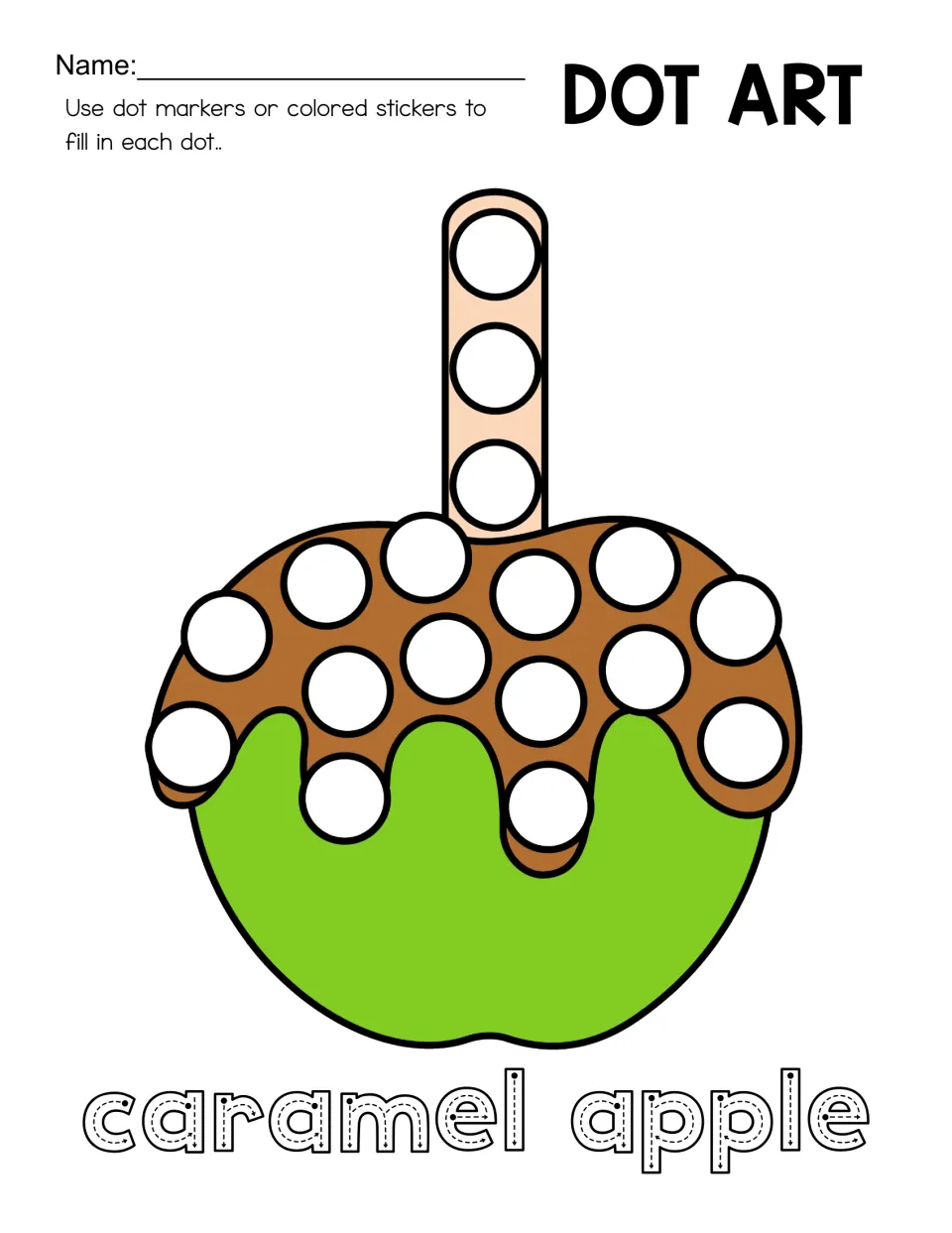 Dot art worksheet featuring a green caramel apple, circles on the coating and stick, and a tracing label