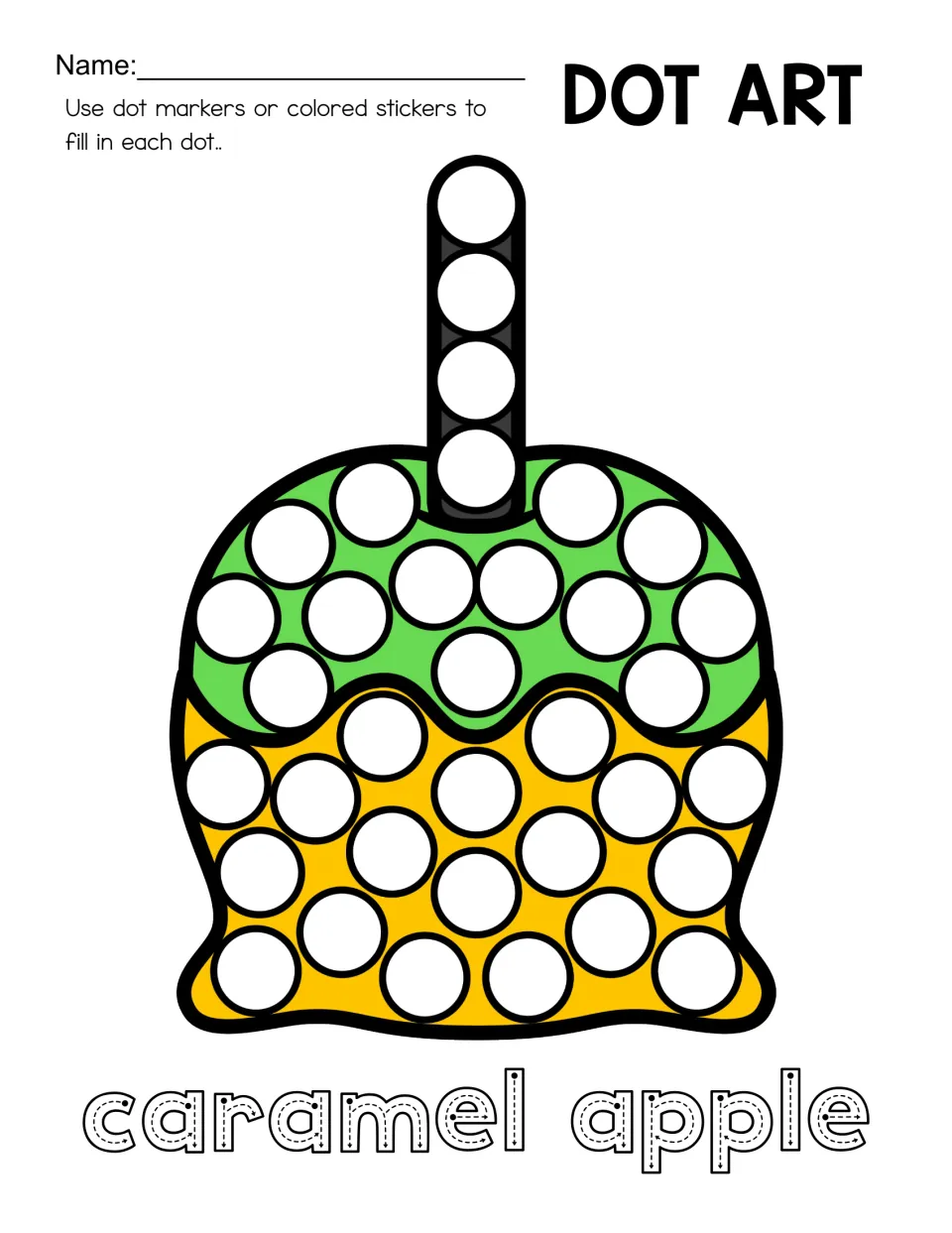 Dot art worksheet featuring a green and yellow caramel apple, circles to fill, and 'caramel apple' to trace