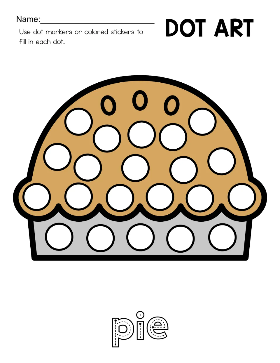 Dot art worksheet featuring an apple-themed pie, circles across the crust and pan, and 'pie' to trace