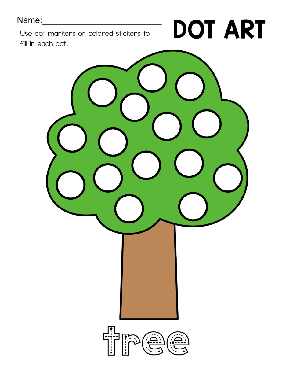 Dot art worksheet featuring a green tree with a brown trunk, circles in its leafy top, and 'tree' to trace