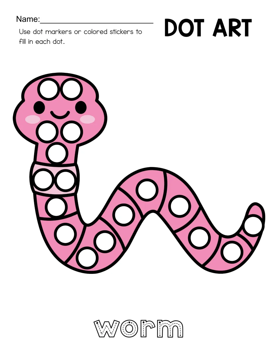 Dot art worksheet featuring a pink worm, circles along its head and curved body, and 'worm' to trace