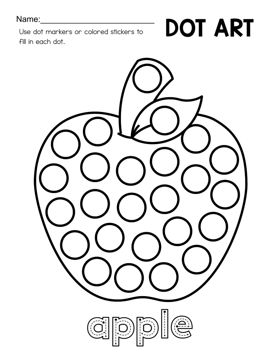 Black-and-white apple dot art worksheet with circles in the fruit, stem, and leaf, and 'apple' to trace