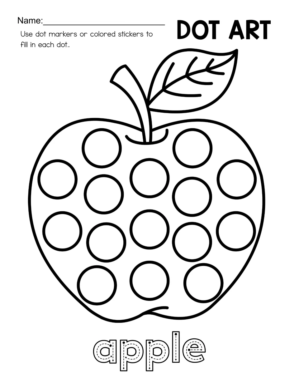 Black-and-white apple dot art worksheet with large circles in the fruit, a veined leaf, and 'apple' to trace