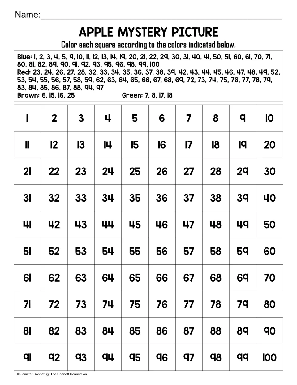 Apple mystery picture coloring worksheet with numbers 1–100 and a blue, red, brown, and green color key