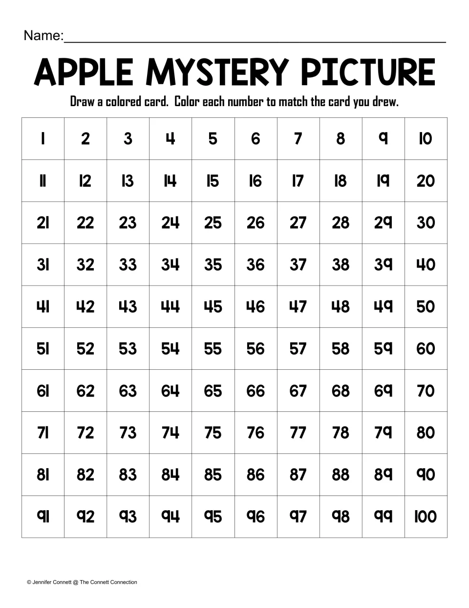 Apple mystery picture coloring worksheet with numbers 1–100 and directions to match each drawn card's color