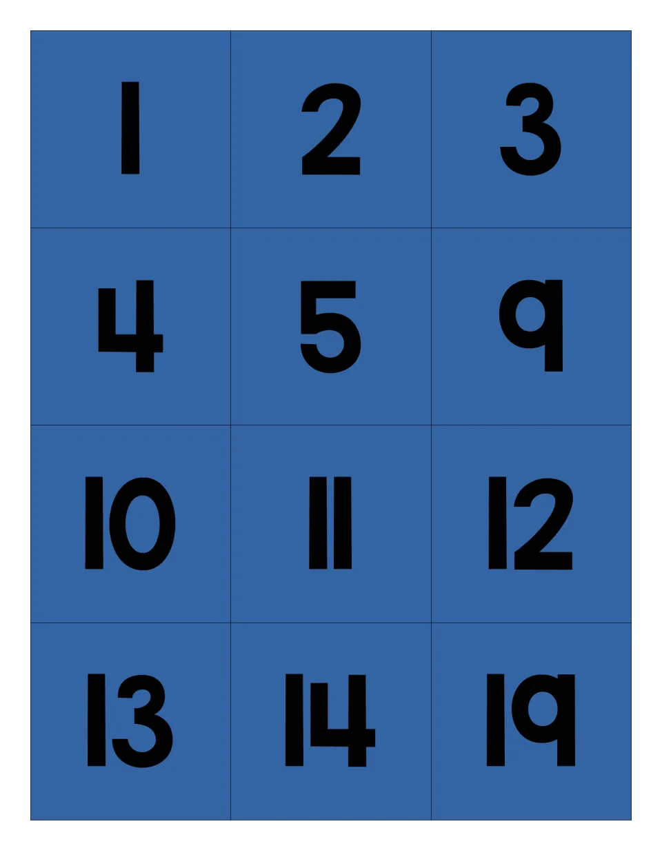 Blue number cards for building the apple mystery picture: 1, 2, 3, 4, 5, 9, 10, 11, 12, 13, 14, and 19