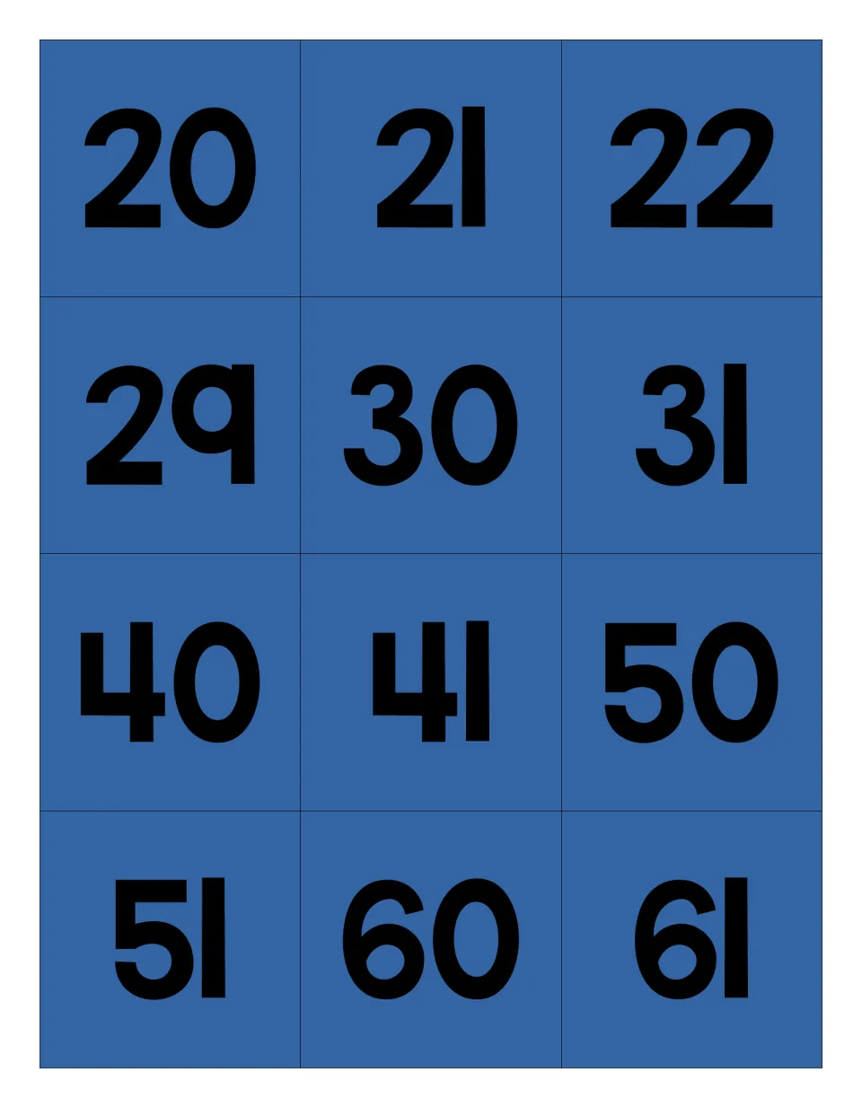 Blue number cards for the apple mystery picture: 20, 21, 22, 29, 30, 31, 40, 41, 50, 51, 60, and 61