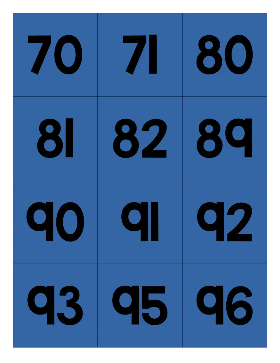 Blue number cards for the apple mystery picture: 70, 71, 80, 81, 82, 89, 90, 91, 92, 93, 95, and 96