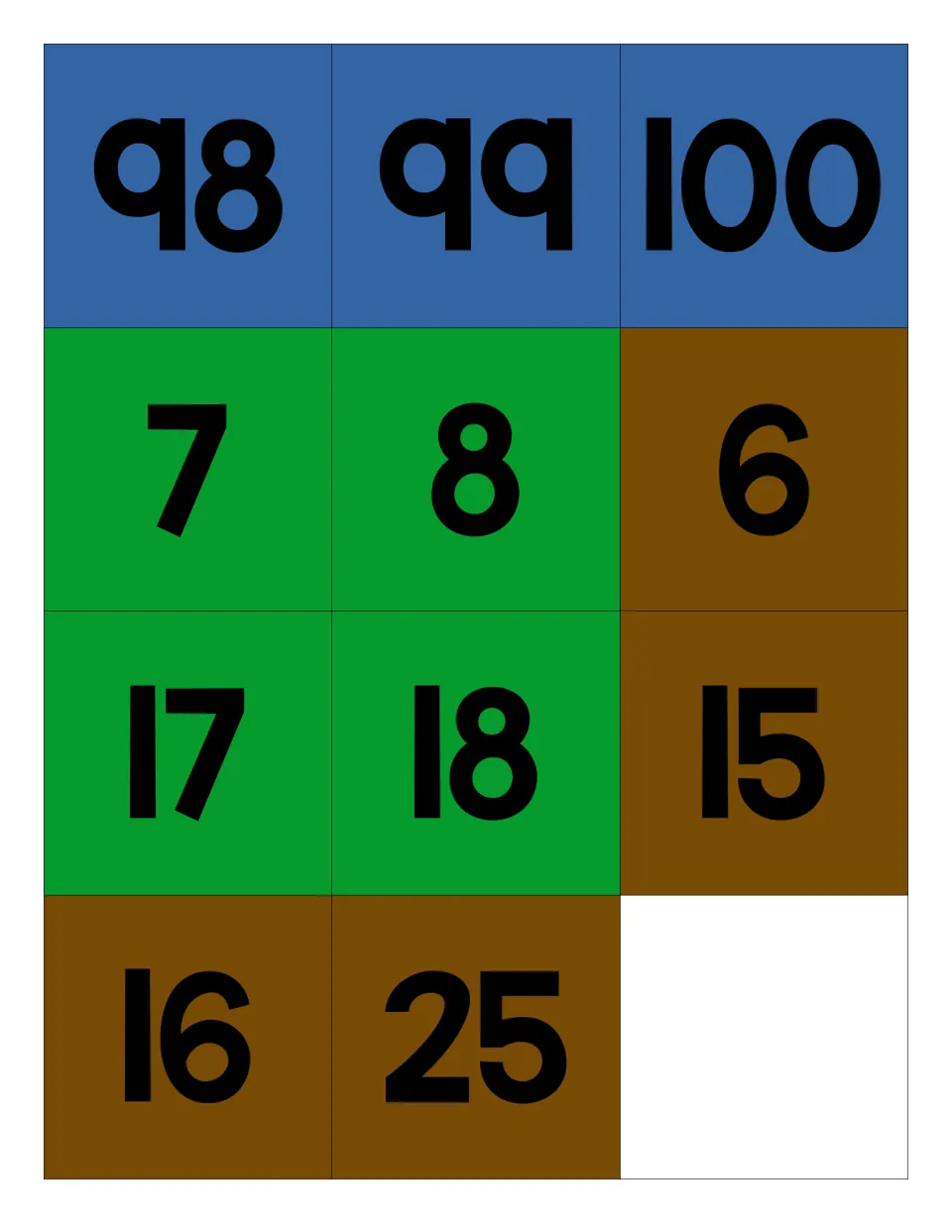 Apple puzzle cards: blue 98, 99, 100; green 7, 8, 17, 18; and brown 6, 15, 16, 25 for the background, leaf, and stem