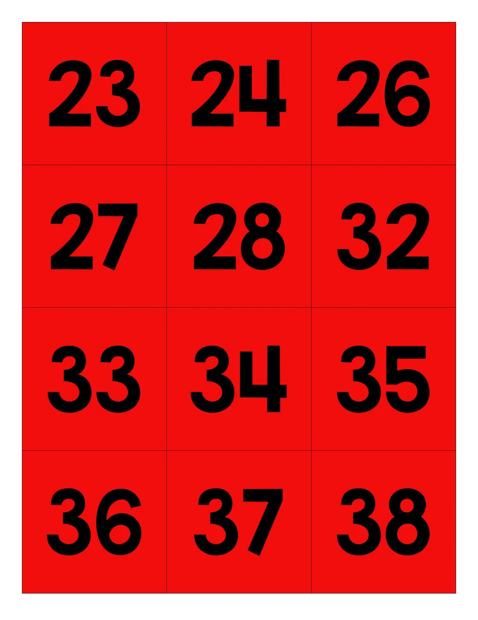 Red number cards for the apple mystery picture: 23, 24, 26, 27, 28, 32, 33, 34, 35, 36, 37, and 38