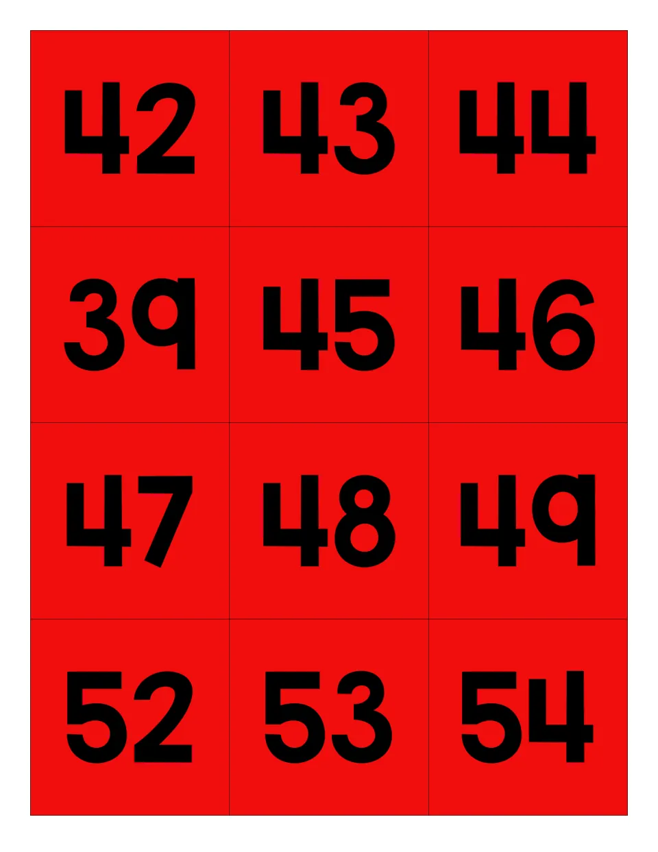 Red number cards for the apple mystery picture: 42, 43, 44, 39, 45, 46, 47, 48, 49, 52, 53, and 54