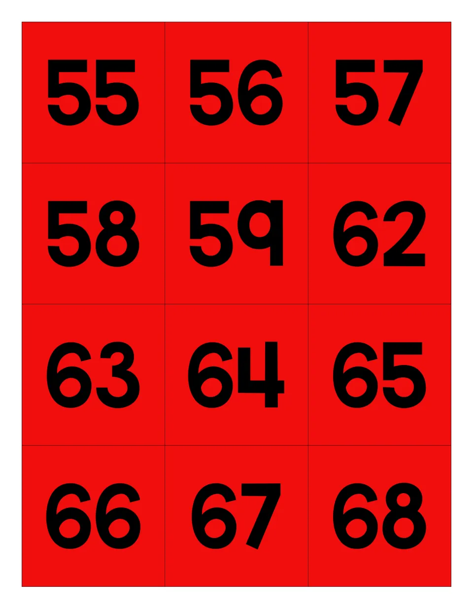 Red number cards for the apple mystery picture: 55, 56, 57, 58, 59, 62, 63, 64, 65, 66, 67, and 68