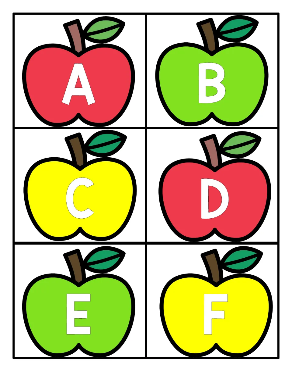 Uppercase letters A to F: six cut-apart apple cards in red, green and yellow, each showing one white capital letter