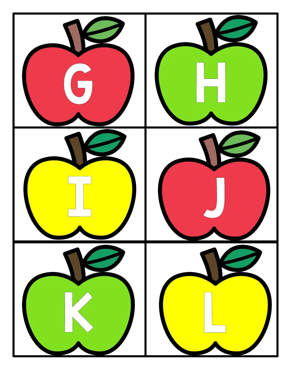 Capital letters G through L on apple cards for letter recognition, one white letter in the middle of each colored apple
