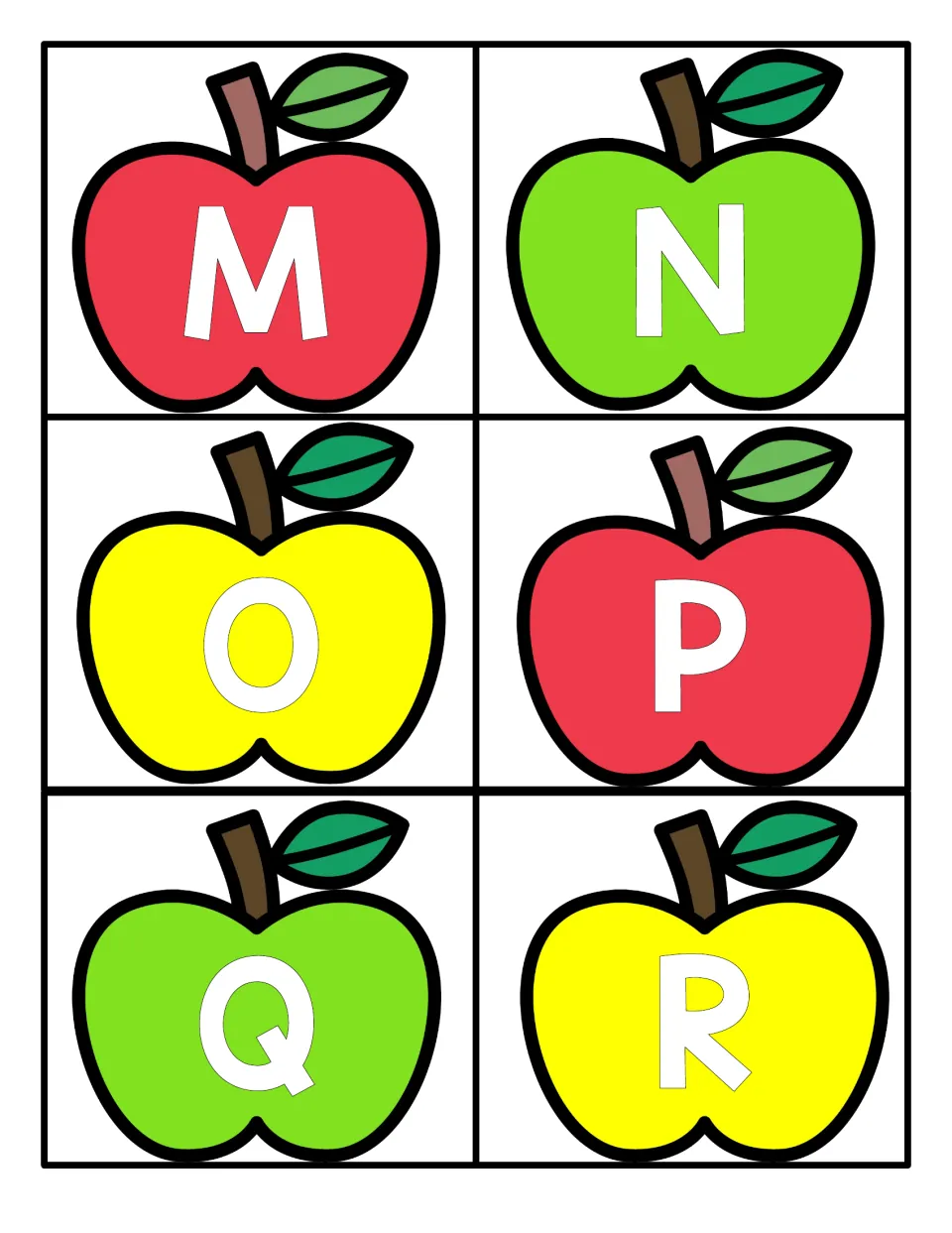 Letter recognition with uppercase M, N, O, P, Q and R, each printed in white on a red, green or yellow apple card