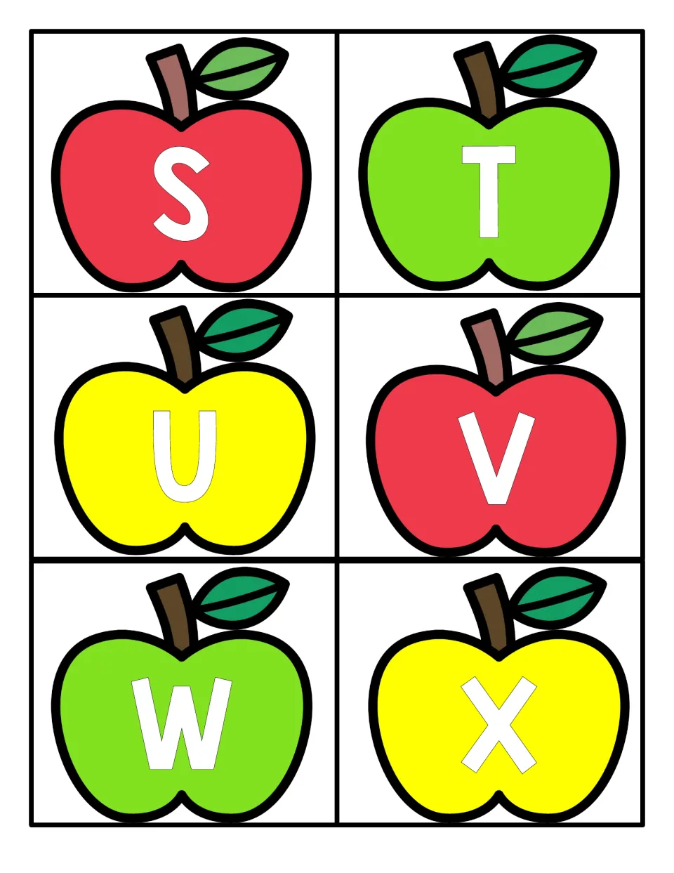 Uppercase S, T, U, V, W and X apple cards: children name each capital letter in white on a red, green or yellow apple