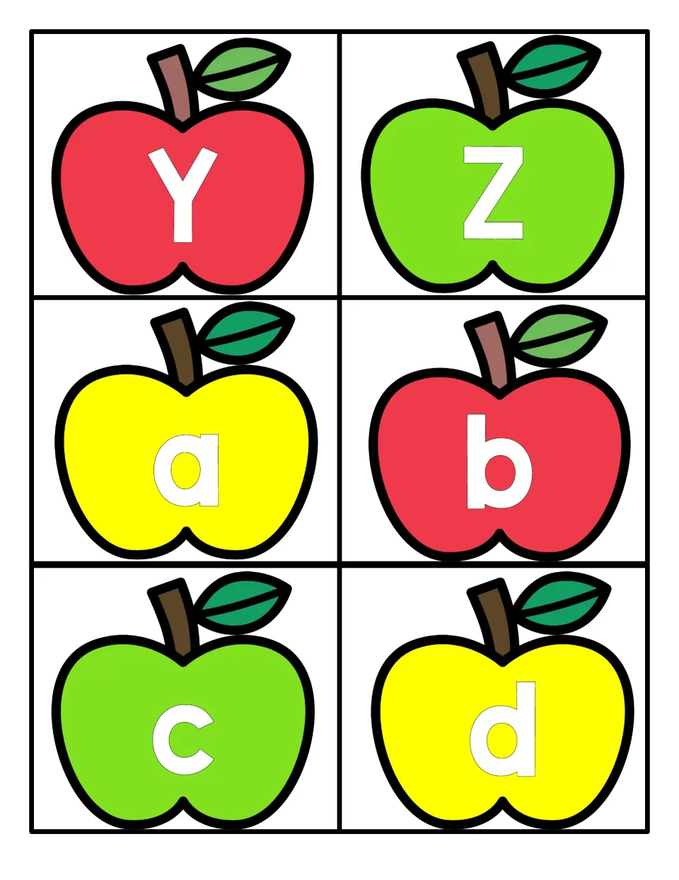 Alphabet apple cards finishing the capitals with Y and Z, then starting lowercase with a, b, c and d for case matching