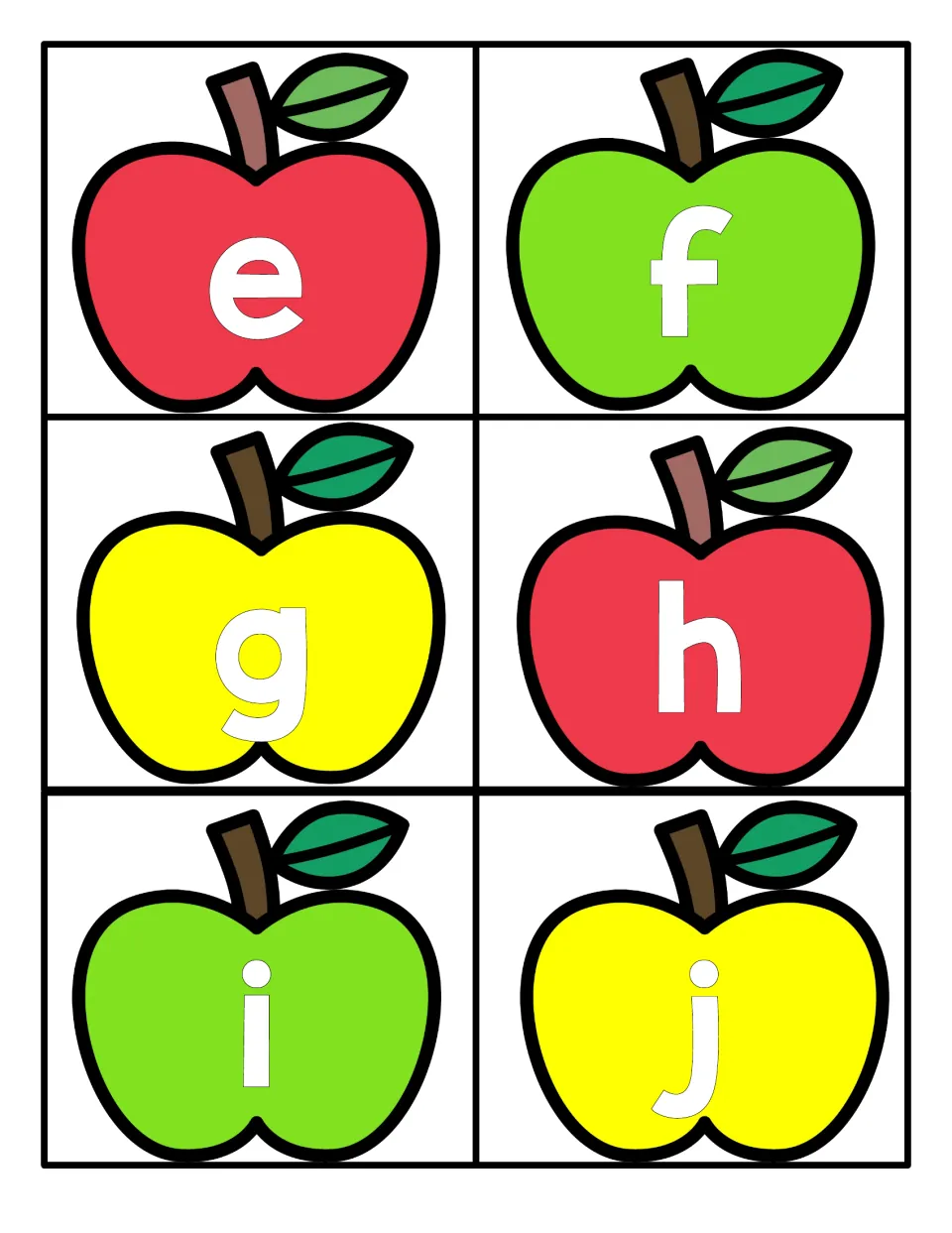 Lowercase letters e to j on red, green and yellow apples, ready to pair with their capital partners in a matching game