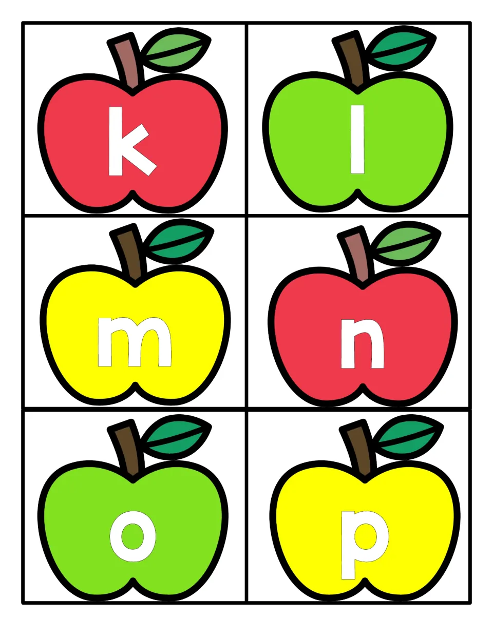 Small letters k, l, m, n, o and p each set in white on a colorful apple card for practising lowercase letter naming