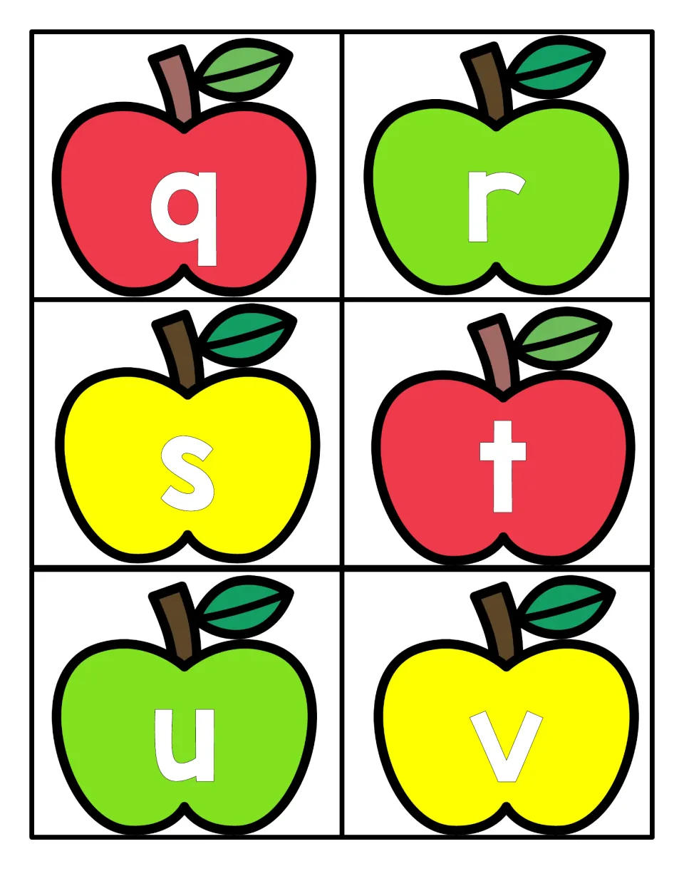 Lowercase q, r, s, t, u and v apple cards: students name each small letter, printed white on red, green or yellow apples