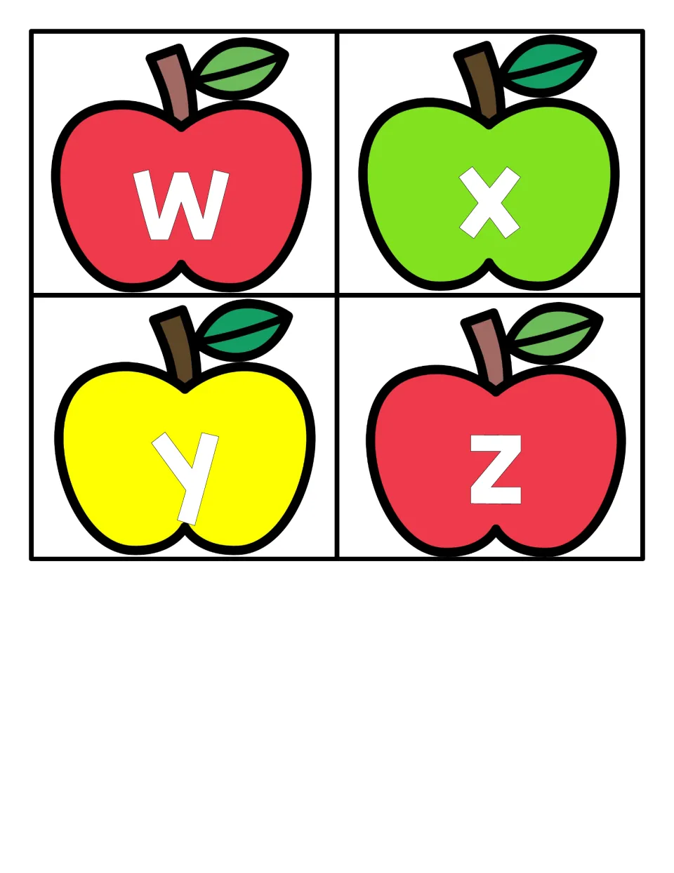 Final four lowercase apple cards, w, x, y and z, completing the alphabet set for letter recognition and case matching