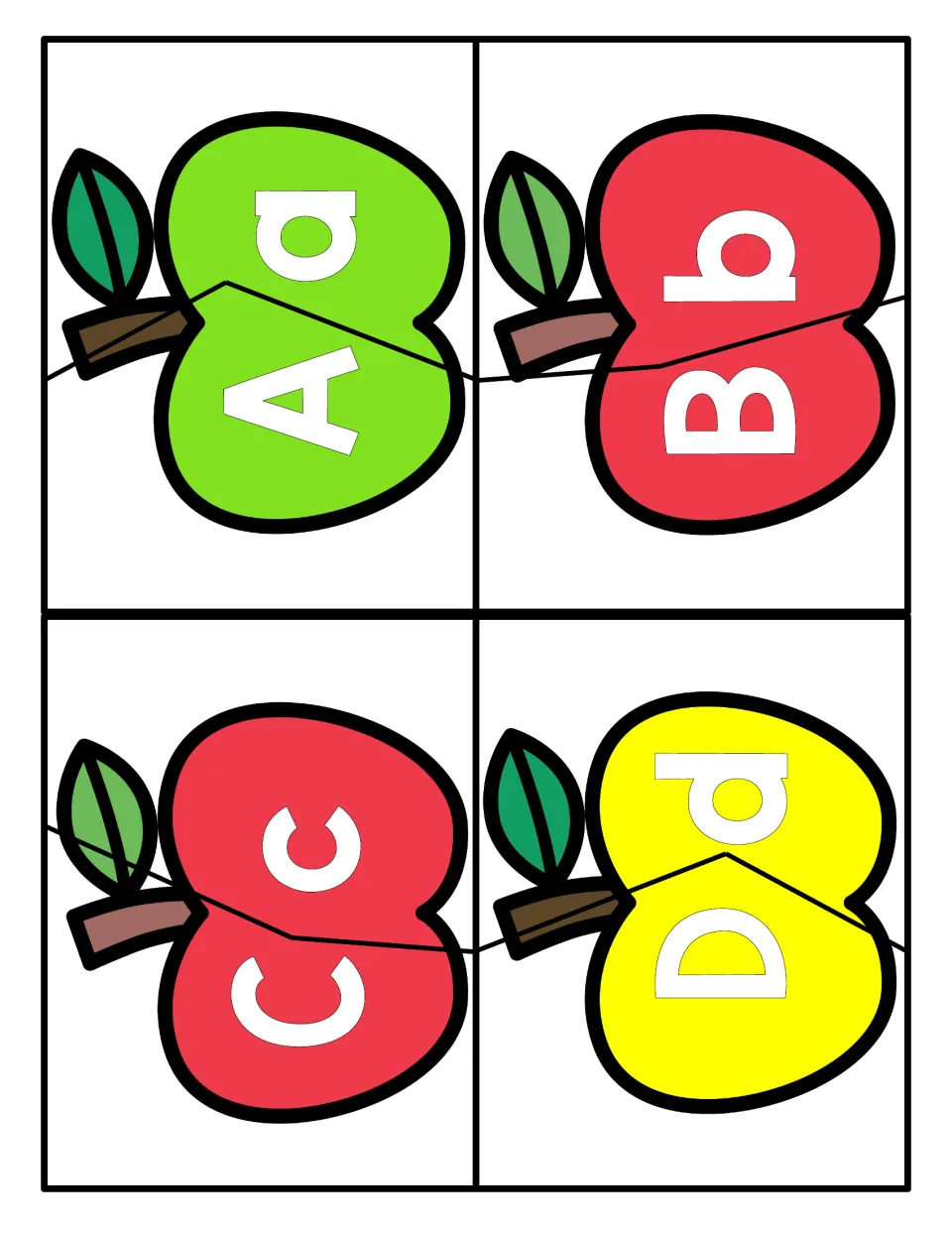 Letter matching A to D: four apples, each cut in two, pairing uppercase A, B, C, D with its lowercase letter