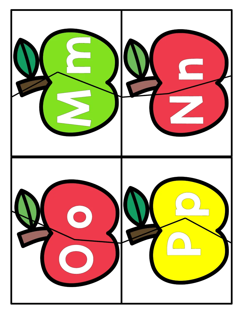 Uppercase and lowercase matching for M, N, O and P: each apple splits into two halves that fit back together