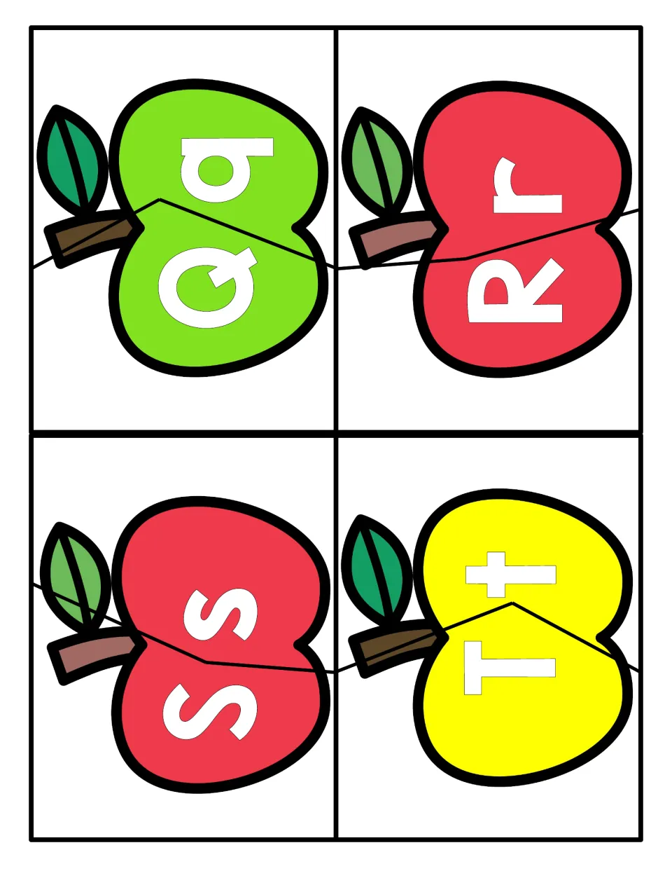 Q, R, S and T apple puzzles: students match capital Q, R, S, T to lowercase q, r, s, t by fitting the two halves