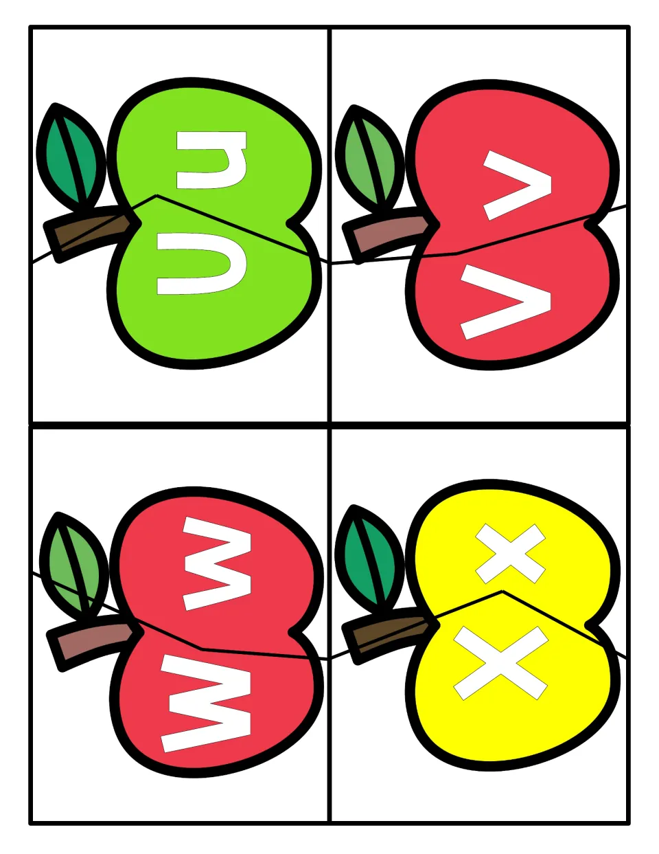 Letter pairs U, V, W and X on apples cut in two; students reunite each uppercase half with its matching lowercase half