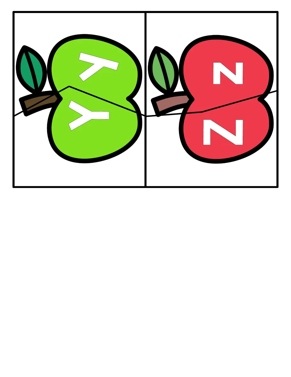 Final letter pairs Y and Z: two apples split in half for matching uppercase Y and Z to lowercase y and z