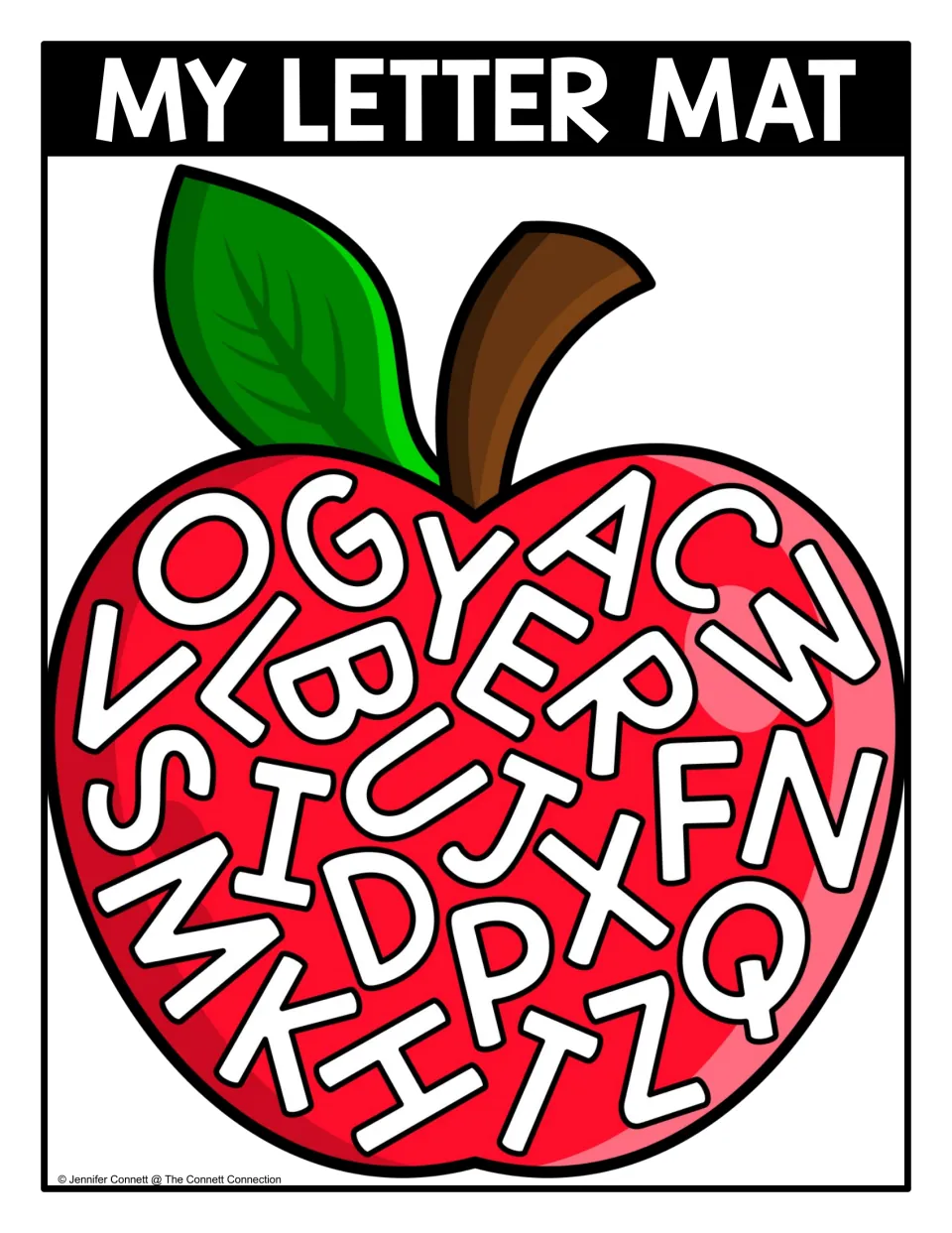 Color uppercase letter seek-and-find mat featuring scattered outlined letters inside an apple, headed 'MY LETTER MAT'
