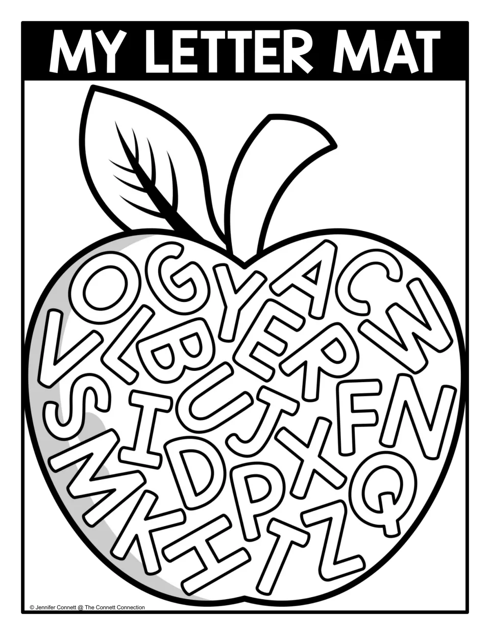 Black-and-white uppercase letter seek-and-find mat with outlined letters inside an apple for tracing and matching