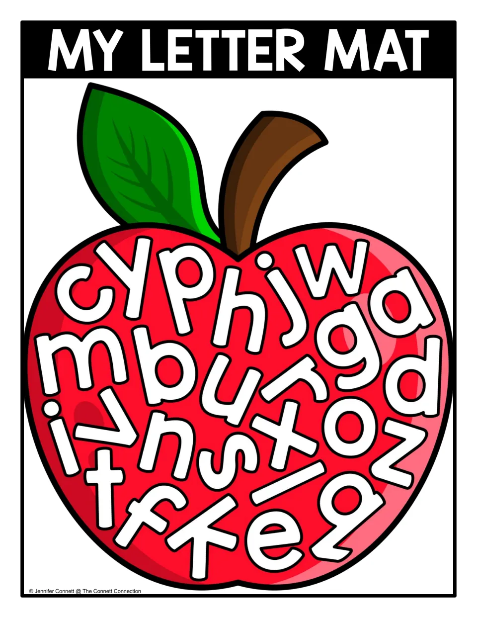 Color lowercase letter seek-and-find mat featuring scattered outlined letters inside an apple for letter recognition