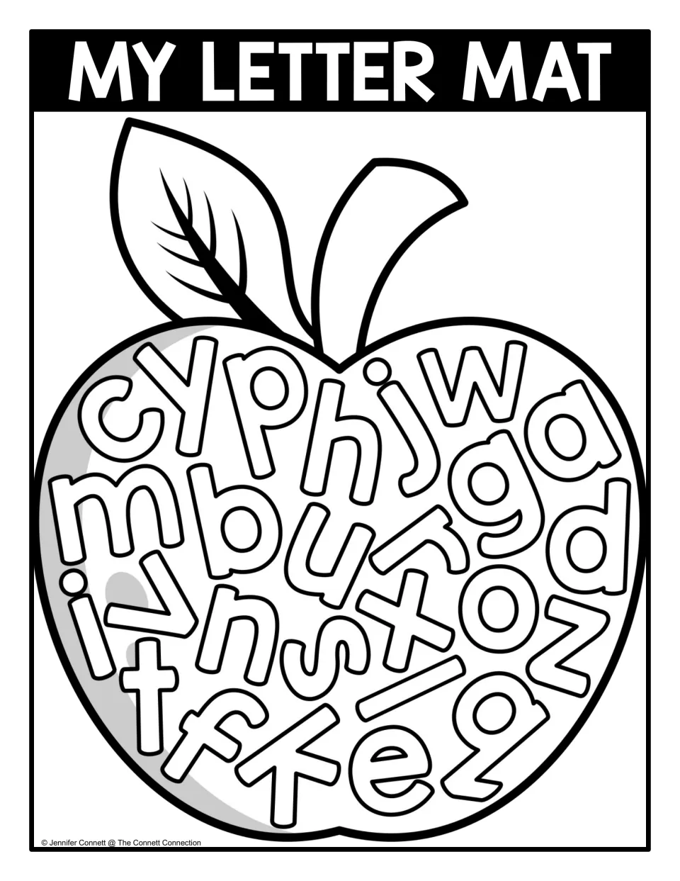 Black-and-white lowercase letter seek-and-find mat with outlined letters inside an apple for tracing and matching