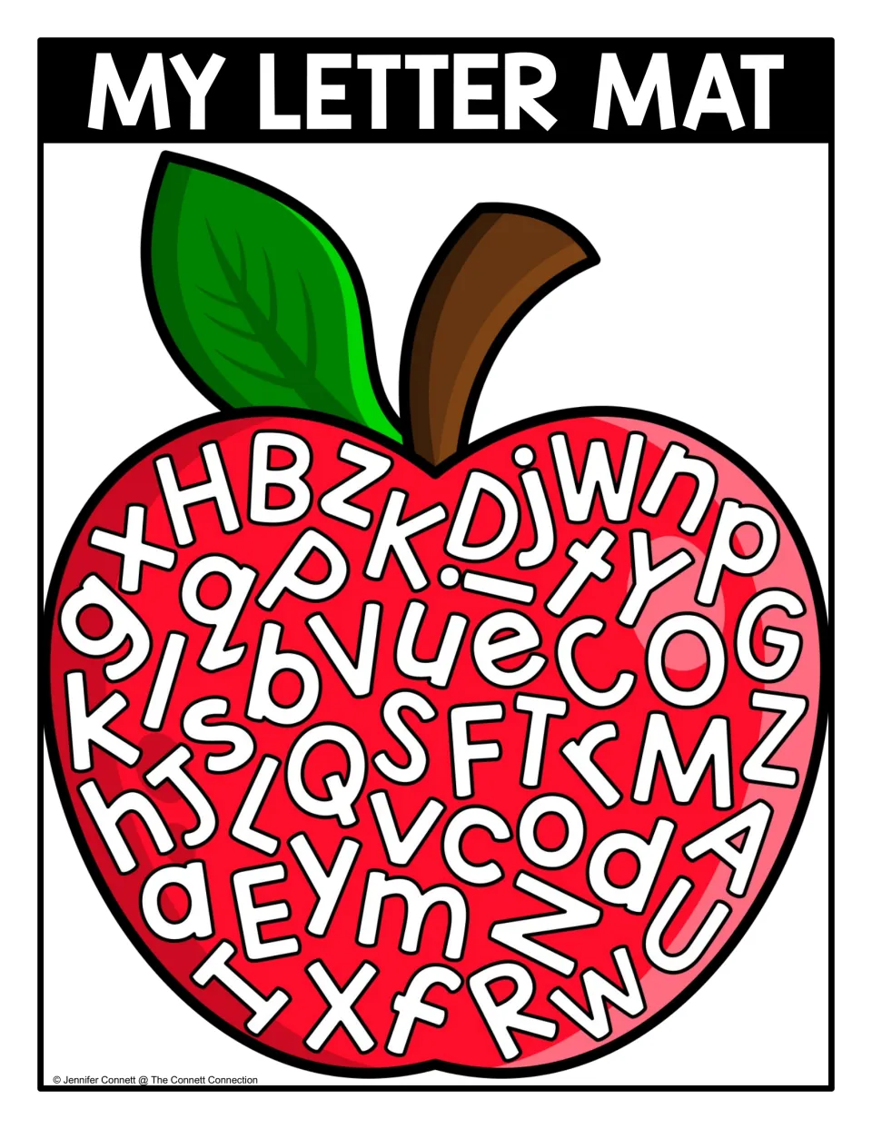 Color mixed-case letter seek-and-find mat with uppercase and lowercase letters scattered inside a red apple