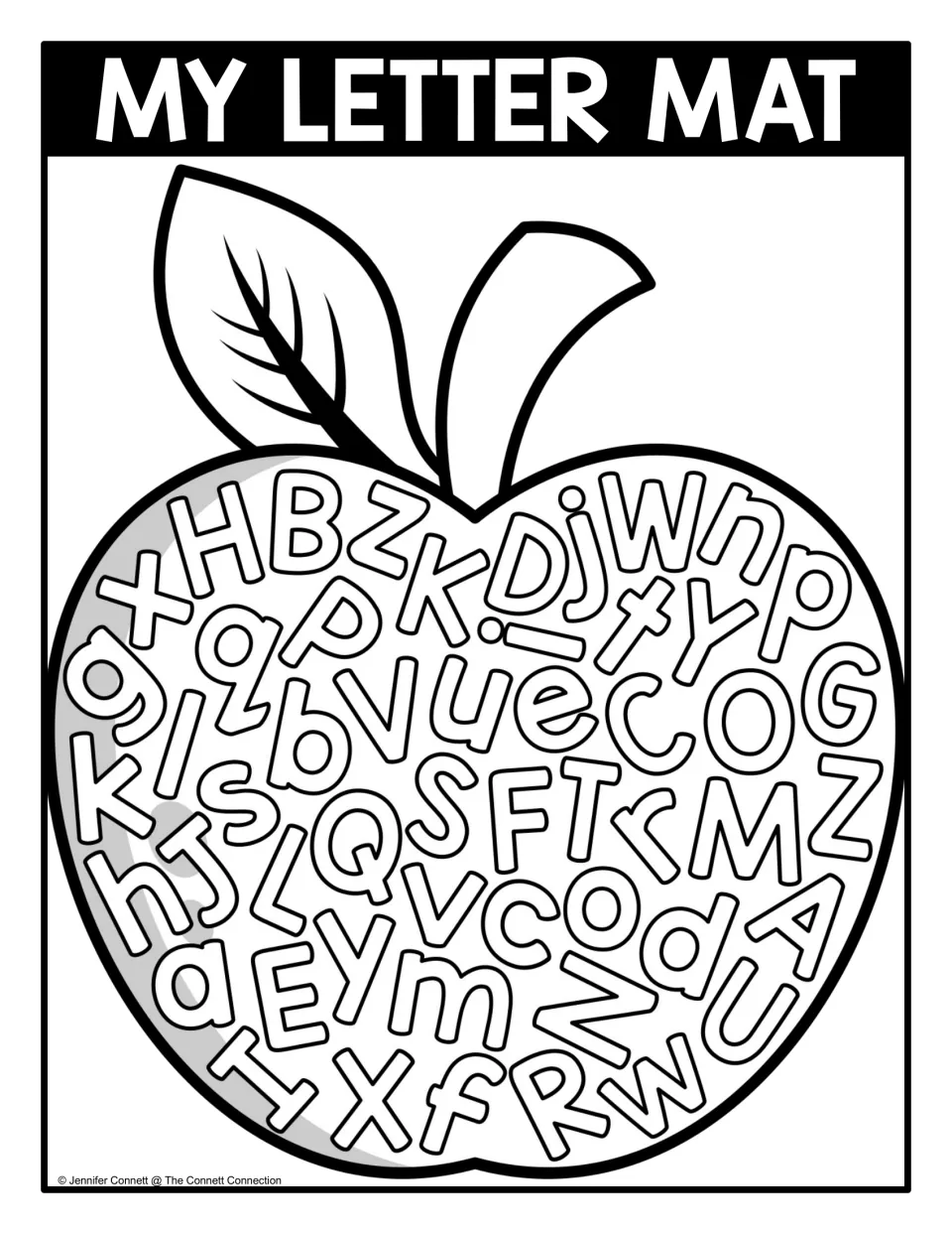 Black-and-white mixed-case letter seek-and-find mat with uppercase and lowercase letters inside an outlined apple