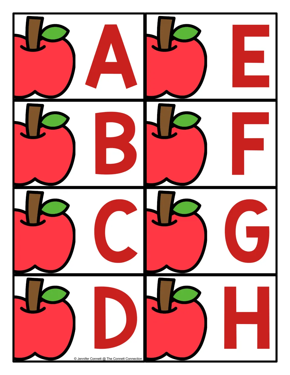 Apple alphabet cards A–H: eight uppercase letter cards, each pairing a red letter with a red apple picture